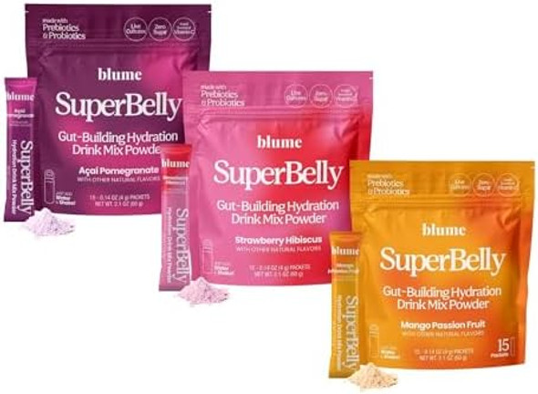 Blume Superbelly Gut Health & Hydration Drink Mix – Variety Pack (Strawberry Hibiscus Açaí Pomegranate Mango Passion Fruit) – Probiotics Acv Vitamin C – 45 Packets