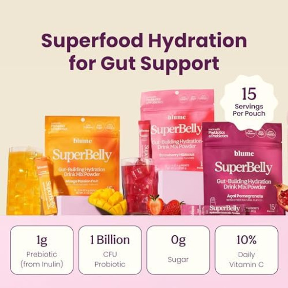 Blume Superbelly Gut Health & Hydration Drink Mix – Variety Pack (Strawberry Hibiscus Açaí Pomegranate Mango Passion Fruit) – Probiotics Acv Vitamin C – 45 Packets