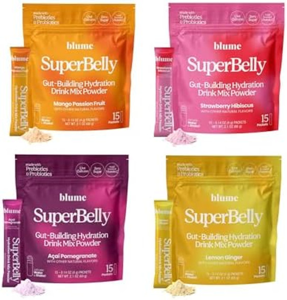 Blume Superbelly Gut Health & Hydration Drink Mix – Variety Pack (Strawberry Hibiscus Açaí Pomegranate Mango Passion Fruit Lemon Ginger) – Probiotics Acv Vitamin C – 60 Packets