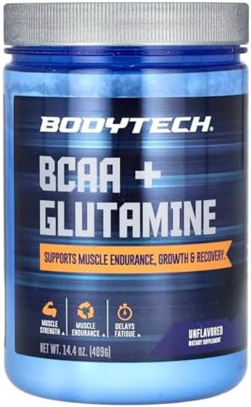 Bodytech Bcaa + Glutamine Powder - Unflavored For Enhanced Muscle Recovery Strength And Endurance Supports Post-Workout Recovery And Daily Performance (14.4 Oz./59 Servings)