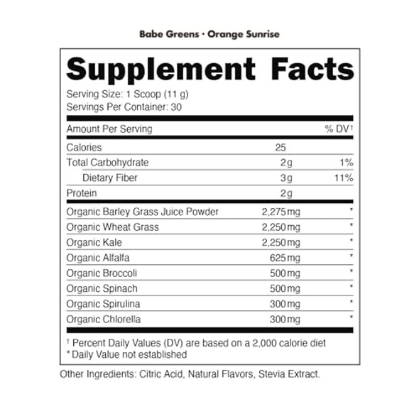 Bucked Up Greens Superfood Powder Orange Sunrise 8 Most Essential Mixed Greens  100% Organic  Chlorella Spinach Kale Spirulina Alfalfa Broccoli Wheat Grass & Barley Grass  30 Serv  11.75 Oz