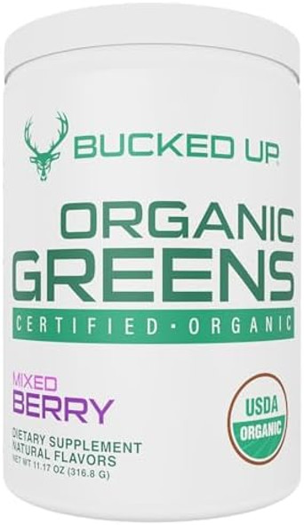 Bucked Up Greens Superfood Powder Mixed Berry  8 Most Essential Mixed Greens   100% Organic  Chlorella Spinach Kale Spirulina Alfalfa Broccoli Wheat Grass & Barley Grass  30 Serv  11.17 Oz
