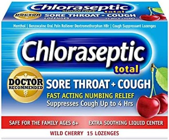 Chloraseptic Total Sugar- Wild Cherry Throat + Cough Lozenges 15 Count And Cherry Sore Throat Lozenges 18 Count Bundle