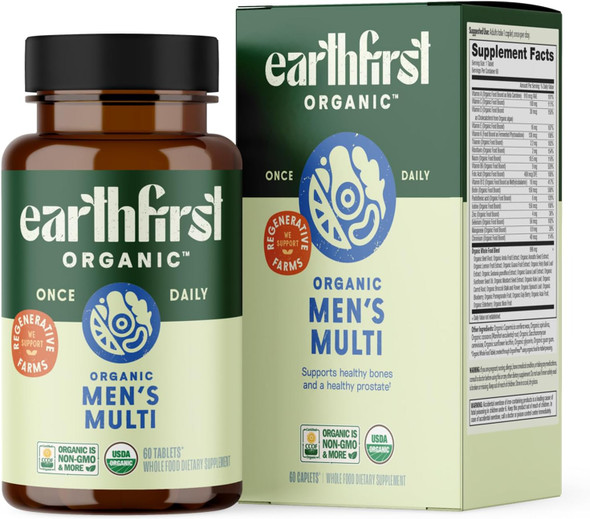 Earthfirst Organic Men’S Multi Once Daily Whole-Food Multivitamin With 19 Vitamins & Minerals For Energy Heart Bone Strength Prostate & Immune Support Vegan Non-Gmo 30 Count