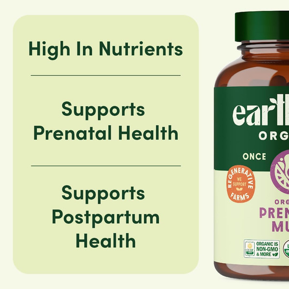 Earthfirst Organic Prenatal Once Daily Multivitamin For Women For Conception Pregnancy Postpartum & Breastfeeding Folate Iron & Organic Whole Food Blend Vegan 30 Count
