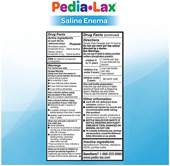 Fleet Pedia-Lax For Ages 2-11 Years Saline Laxative Enema 2.25 Oz. (Quantity Of 6) Fleet Pedia-Lax For Ages 2-11 Years Saline Laxative Enema 2.25 Oz. (Quantity Of 6)