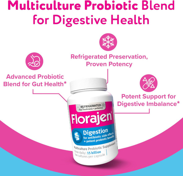 Florajen Digestion Probiotic - Advanced Gut Health Supplement For Constipation & Bloating Relief - 15 Billion Live Cultures - Multi-Strain Formula - Refrigerated For Potency & Freshness - 90 Capsules