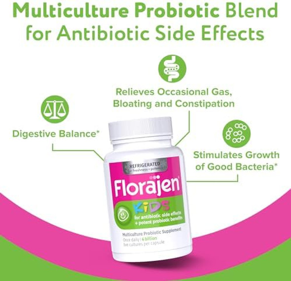 Florajen Kids Probiotic 6 Billion Cfus Refrigerated Probiotics For Kids Multi Culture Probiotic Supplement Relieves Occasional Gas Bloating & Constipation Supports Gut Health 30 Ct (3 Pack)