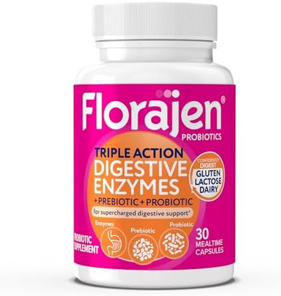 Florajen Digestive Enzymes With Probiotics & Prebiotics - Triple-Action Formula For Gut Health Bloating & Gas Relief - Supports Gluten & Dairy Digestion - Clean Non-Gmo - 30-Count