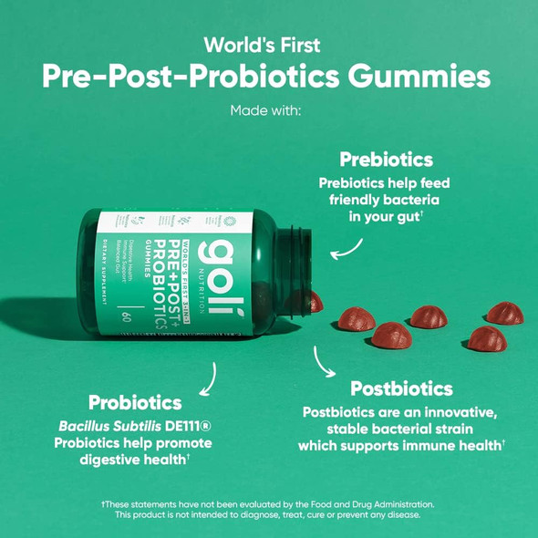 Goli Nutritional Supplement Pre+Post+Probiotics Gummy - 60 Count - World'S First 3-In-1 Gluten- Vegan Non-Gmo And Gelatin-.