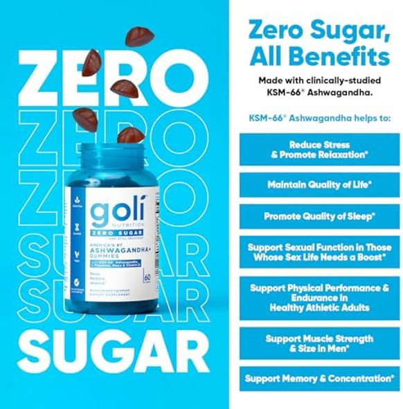 Goli Zero Sugar Ashwagandha & Vitamin D Maca L-Theanine Gummies No Artificial Sweeteners No Sugar Alcohols. Mixed Berry Ksm-66 Vegan Plant Based Non-Gmo Gluten- & Gelatin . (1)