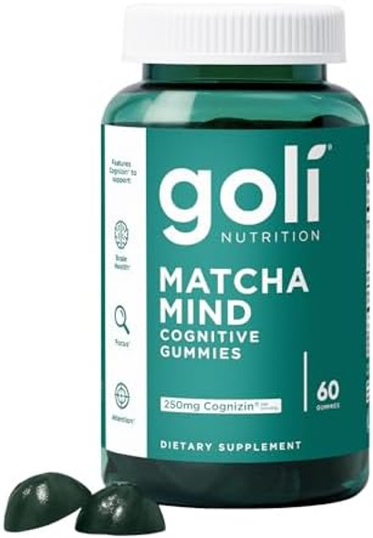 Goli Matcha Mind Gummies - 60 Count - Green Tea Leaves Powder With Cognizin For Focus Attention And Brain Health Vegan Non-Gmo Gluten- & Gelatin .