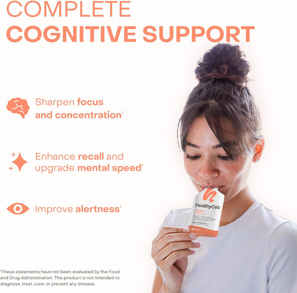 Healthycell Focus & Recall Daily Liquid Brain Supplement For Focus & Memory - Nootropics Supplement For Concentration & Alertness With L-Theanine Omega-3 & Taurine - 14 Gel Packs