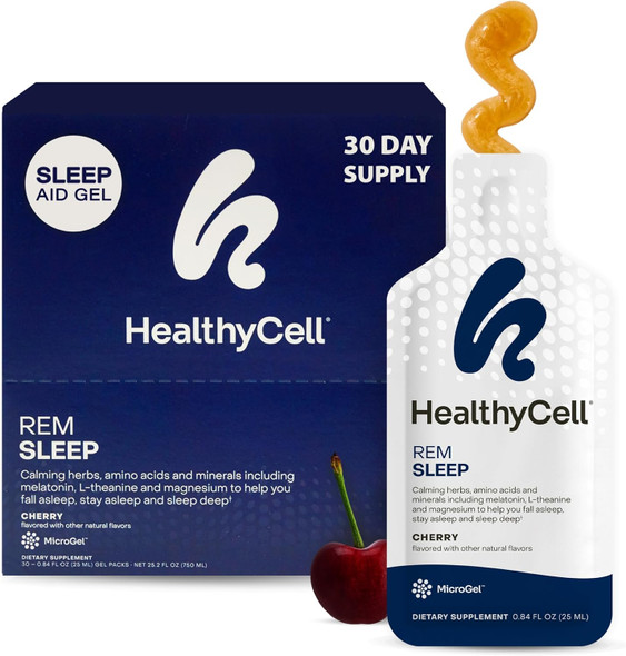 Healthycell Rem Sleep Aid Supplement For Adults - Liquid Gel Extra Strength Sleep Supplement With Melatonin Magnesium L-Theanine Gaba & Natural Calming Herbs - 30 Gel Packs Cherry Flavored