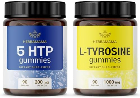 Herbamama L-Tyrosine And Brain Support Kit - Bundle Of 200 Mg 5-Htp & 1000 Mg L-Tyrosine Gummies - Vegan Non-Gmo Gelatin- - 2 Pack