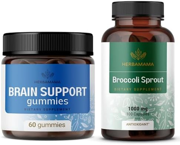 Herbamama Brain Support & Broccoli Sprout Kit - Bundle Of Brain Support Gummies & 1000 Mg Broccoli Sprout Capsules - Vegan Non-Gmo Gelatin- - 2 Pack