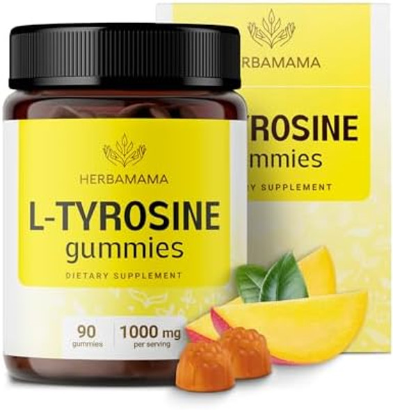 Herbamama L-Tyrosine Gummies - 1000Mg L-Tyrosine For Brain Clarity Support - Vegan Non-Gmo Energy And Focus Supplement - 90 Pectin-Based Mango-Flavored Chews