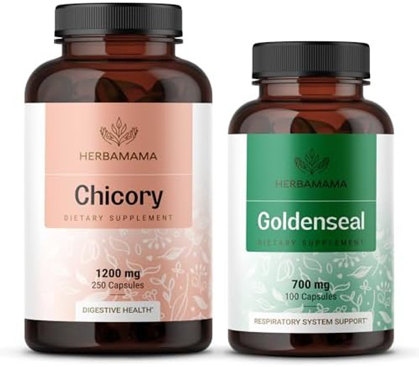 Herbamama Chicory And Goldenseal Kit - Bundle Of Chicory Root Capsules 250 & Goldenseal Root Capsules - Vegan Non-Gmo Sugar & Alcohol- - 2 Pack