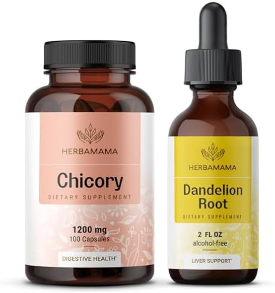 Herbamama Chicory And Dandelion Kit - Bundle Of 1200 Mg Chicory Root Capsules & Dandelion Root Tincture 2 Fl Oz - Vegan Non-Gmo Sugar & Alcohol- - 2 Pack