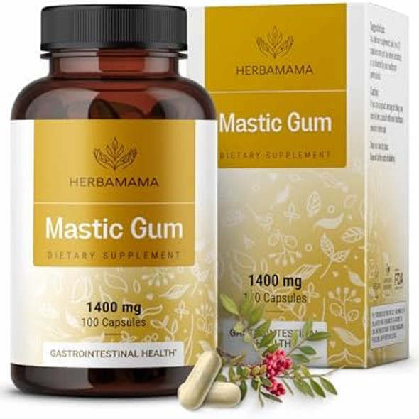 Herbamama Mastic Gum Capsules 1400Mg - Gut & Digestive Support With Mastic Gum Supplement - Vegan Non-Gmo Resin Digestion Capsules