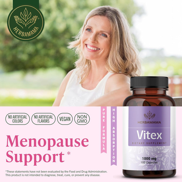 Herbamama Vitex Berry Capsules – Natural Menopause Supplements For Women – 1000Mg Vitex Chasteberry Fruit Per Serving For Menopause Support – Vegan Non-Gmo – 50-Day Supply