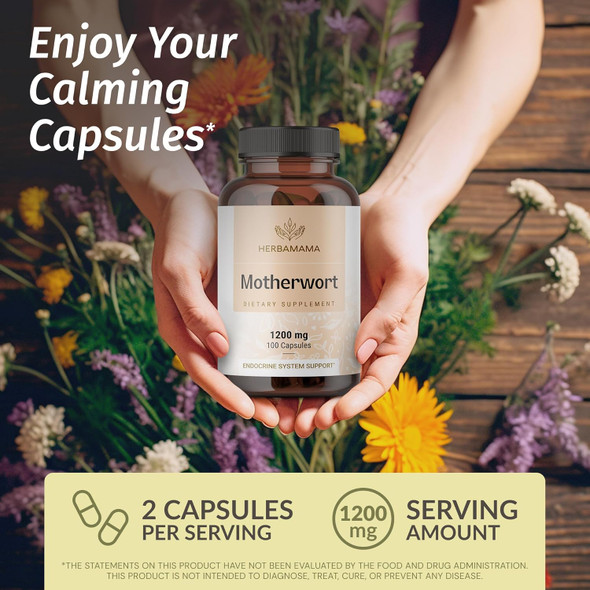Herbamama Motherwort Capsules – Natural Menopause Supplements For Women – 1200Mg Motherwort Herb Powder Per Serving For Women'S Mood & Calm Support – Vegan Non-Gmo – 50-Day Supply