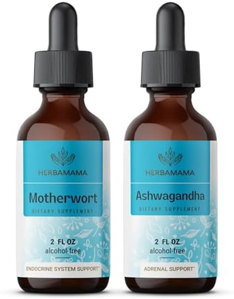 Herbamama Herbal Liquid Drops Kit - Bundle Of Motherwort Extract & Ashwagandha Tincture 2 Fl Oz - Vegan Non-Gmo Sugar & Alcohol- - 2 Pack