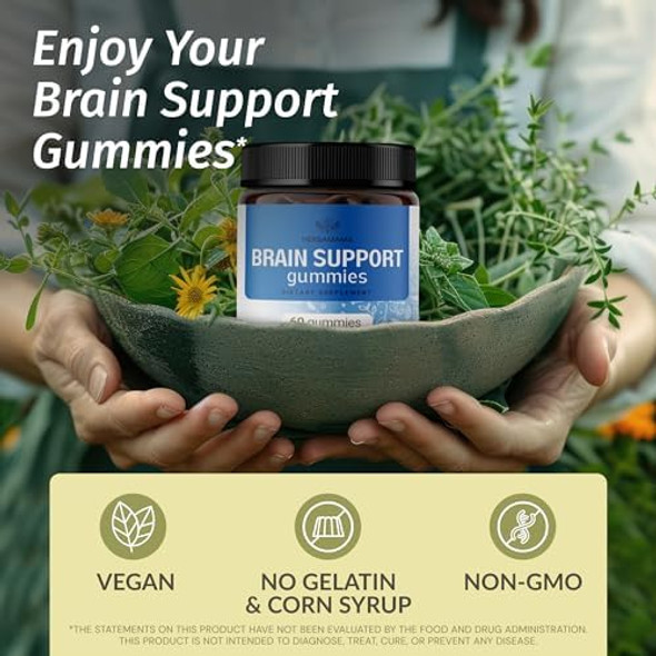 Herbamama Brain Support Gummies – Brain Focus Supplements For Adults With Ashwagandha Bacopa Monnieri Vitamin C & B12 – Vegan Non-Gmo Calming Gummies – 60 Pectin-Based Blueberry-Flavored Chews