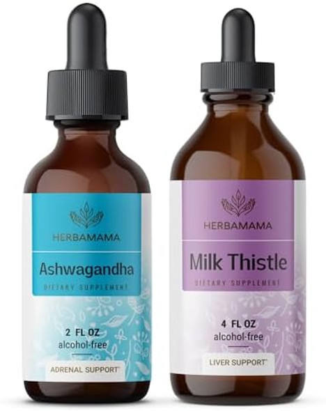 Herbamama Herbal Liquid Drops Kit - Bundle Of Ashwagandha Root Tincture 2 Fl Oz & Milk Thistle Extract 4 Fl Oz - Vegan Non-Gmo Sugar & Alcohol- - 2 Pack