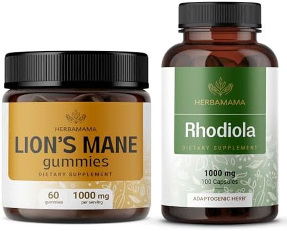 Herbamama Lion'S Mane & Rhodiola Rosea Kit - Bundle Of 1000 Mg Lion'S Mane Gummies & 1000 Mg Rhodiola Rosea Capsules - Vegan Non-Gmo Sugar & Alcohol- - 2 Pack Herbamama Lion'S Mane & Rhodiola Rosea Kit - Bundle Of 1000 Mg Lion'S Mane Gummies & 1000 Mg Rhodiola Rosea Capsules - Vegan Non-Gmo Sugar & Alcohol- - 2 Pack