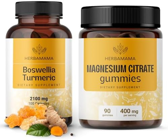 Herbamama Turmeric Boswellia And Magnesium Kit - Bundle Of Turmeric With Boswellia Capsules & Magnesium Citrate Gummies - Vegan Non Gmo - 2 Pack