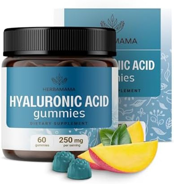 Herbamama Hyaluronic Acid Gummies - 250Mg Pure Hyaluronic Acid For Hair Skin & Nails Support - Vegan Non-Gmo Skin Elasticity Supplement - 60 Pectin-Based Mango-Flavored Chews
