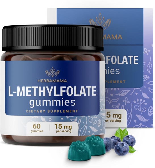 Herbamama L-Methylfolate Gummies - 15Mg 5-Mthf Calming Supplement For Adults - Vegan Non-Gmo Methylated Folate (Vitamin B9) For Brain Support - 60 Pectin-Based Blueberry-Flavored Chews