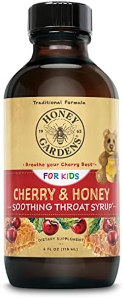 Honey Gardens Kids Cherry & Honey Soothing Throat Syrup Herbal Infused Raw Honey Syrup Apitherapy Formula Includes Extracts Of Umckaloabo Black Cherry Marshmallow 24 Servings 4 Fl. Oz.