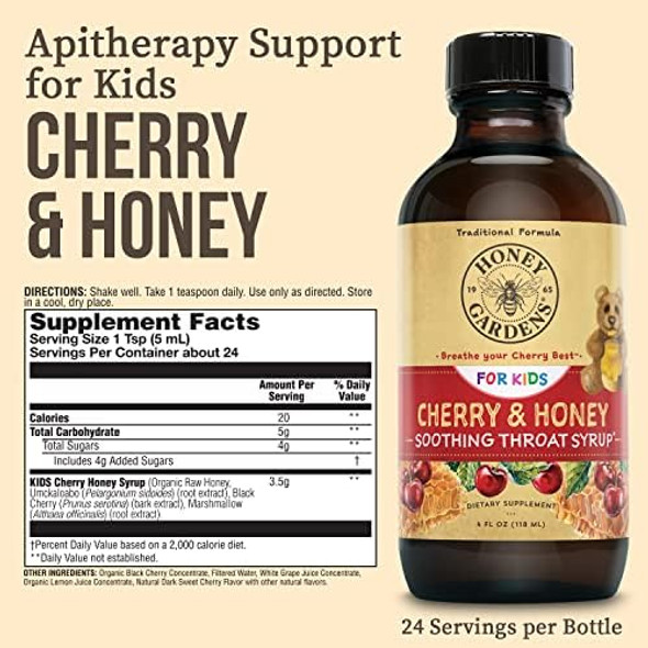 Honey Gardens Kids Cherry & Honey Soothing Throat Syrup Herbal Infused Raw Honey Syrup Apitherapy Formula Includes Extracts Of Umckaloabo Black Cherry Marshmallow 24 Servings 4 Fl. Oz.