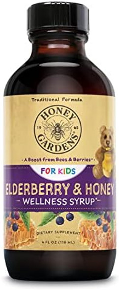 Honey Gardens Elderberry Syrup For Kids With Honey Kids Elderberry Syrup 6.4 Mg Of Elderberry Honey Syrup With Organic Raw Honey Organic Ecea Purpurea And Elderflower 24 Servings 4 Fl. Oz.