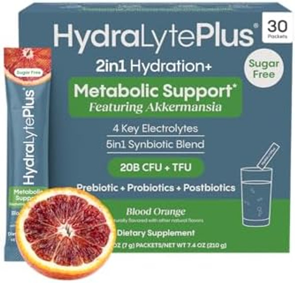 Hydralyte Metabolic Support - 5In1 Probiotic Blend - Support Glp-1 Production With Akkermansia Muciniphila + Prebiotic Fiber + Electrolytes - Daily Metabolism & Digestion - Sugar  (30 Packets)