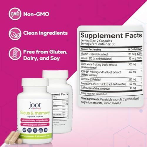 Just Thrive Focus & Memory Capsules – Nootropic Brain Supplement For Clarity Concentration Memory Support & Energy – Citicoline Lion’S Mane Vitamins B12 & D3