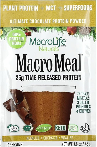 Macrolife Naturals Macromeal Vegan Chocolate Superfood Supplement Powder Protein + Greens Probiotics Digestive Enzymes Fiber - Energy Detox Immune - Non-Gmo Gluten- - 10 Packet Servings