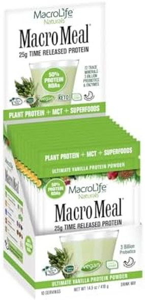 Macrolife Naturals Macromeal Vegan Vanilla Superfood Supplement Powder Protein + Greens Probiotics Digestive Enzymes Fiber - Energy Detox Immune - Non-Gmo Gluten-- 10 Packet Servings Macrolife Naturals Macromeal Vegan Vanilla Superfood Supplement Powder Protein + Greens Probiotics Digestive Enzymes Fiber - Energy Detox Immune - Non-Gmo Gluten-- 10 Packet Servings