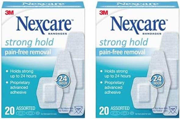 Nexcare Strong Hold Pain- Removal Bandages Assorted Sizes 20 Count (Pack Of 2) – Hypoallergenic Gentle Adhesive Bandages