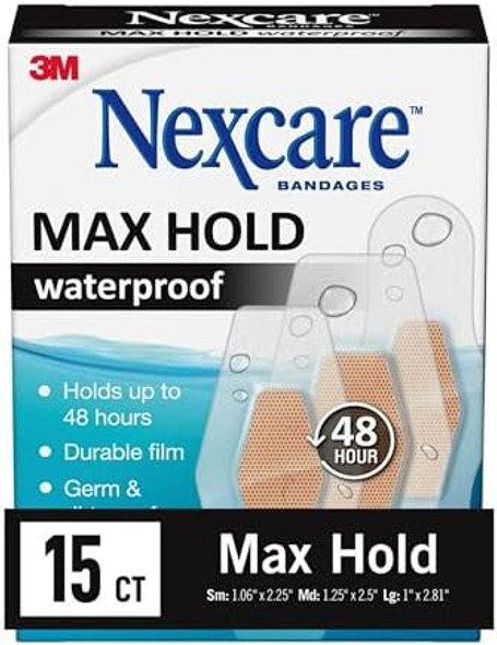 Nexcare Max Hold Waterproof Bandages Stays On For 48 Hours Flexible Bandages For Fingers Knees And Heels - 15 Pack Clear Waterproof