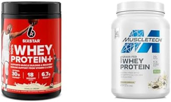 Six Star Elite 100% Whey Protein Plus Vanilla Cream 1.8Lbs And Muscletech Grass Fed Whey Protein Powder Vanilla 20G Protein 1.8 Lbs