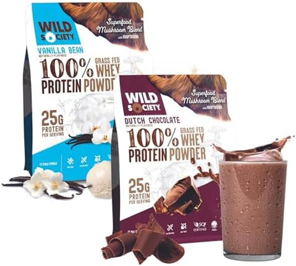 Wild Society - Top Flavor Mulitpack - 100% Grass Fed Whey Protein Powder + Superfood Mushrooms & Adaptogens - 25G Protein Clean Protein Powder 0 Added Sugar Non Gmo Gluten  -