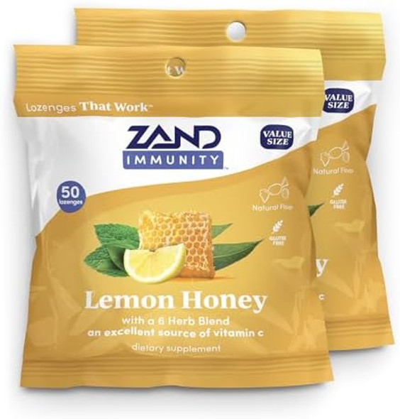 Zand Immunity Lemon Honey Throat Lozenges 2 Pack With Vitamin C Organic Honey - Good-For-You Dry Mouth Lozenges - Immune Support Supplement - Natural Flavor Vegetarian Gluten  50Ct Ea
