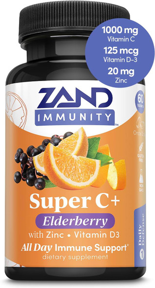 Zand Immunity Super C+ With Elderberry All Day Immune Support 1000Mg Pureway-C Vitamin C Plus Zinc & Vitamin D-3 Enhanced Absorption 60 Tablets 30 Servings
