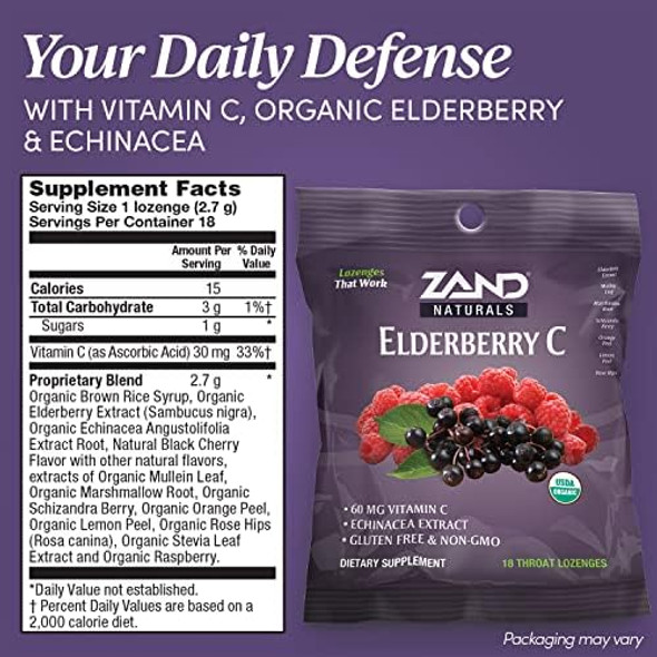 Zand Immunity Elderberry Vitamin C Lozenges Immune Support Soothing Throat Drops Elderberry Vitamin C Ecea Extract No Cane Sugar Or Corn Syrup Gluten  Non-Gmo (12 Bags 18 Lozenges)