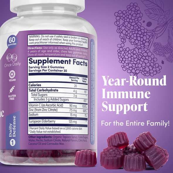 Zand Elderberry Zinc Immunity Gummies With Vitamin C  Year-Round Immune Support For Children & Adults  60Ct 30 Serv.