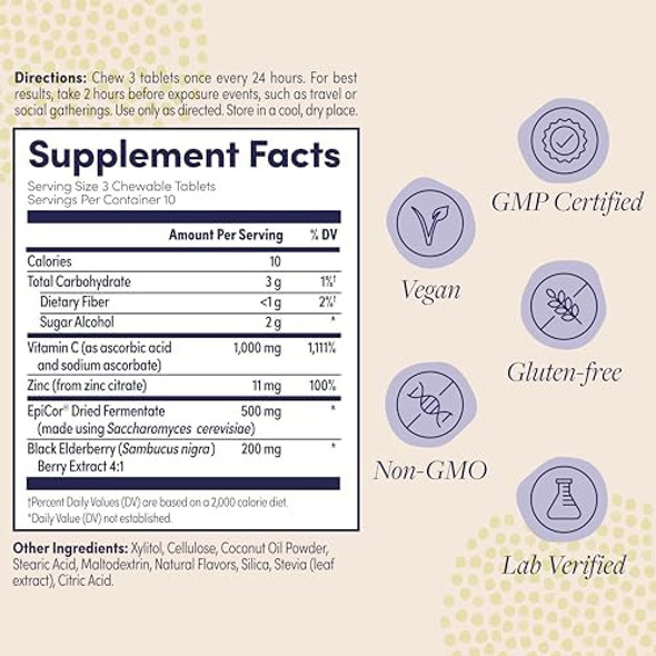 Zand Immune Fast Elderberry Chews  Boosts Immune Response & Cell Activity W/Epicor & Vitamin C 30 Tablets 10 Serv.