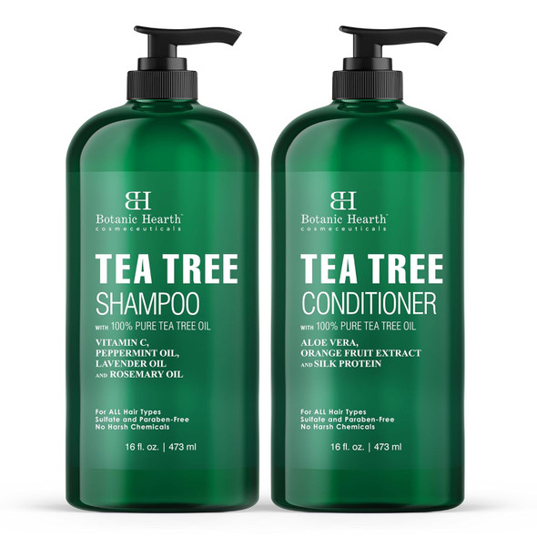 Botanic Hearth Tea Tree Shampoo and Conditioner Set - with 100% Pure Tea Tree Oil, for Itchy and Dry Scalp, Sulfate Free, Paraben Free - for Men and Women - 16 fl oz each
